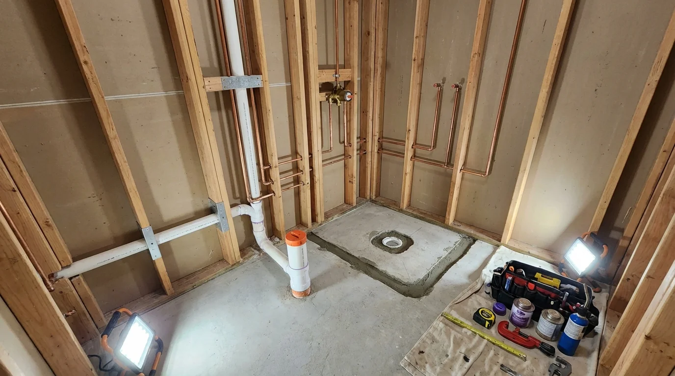 Bathroom rough-in plumbing during remodel by Johns Plumbing LLC in Tivoli