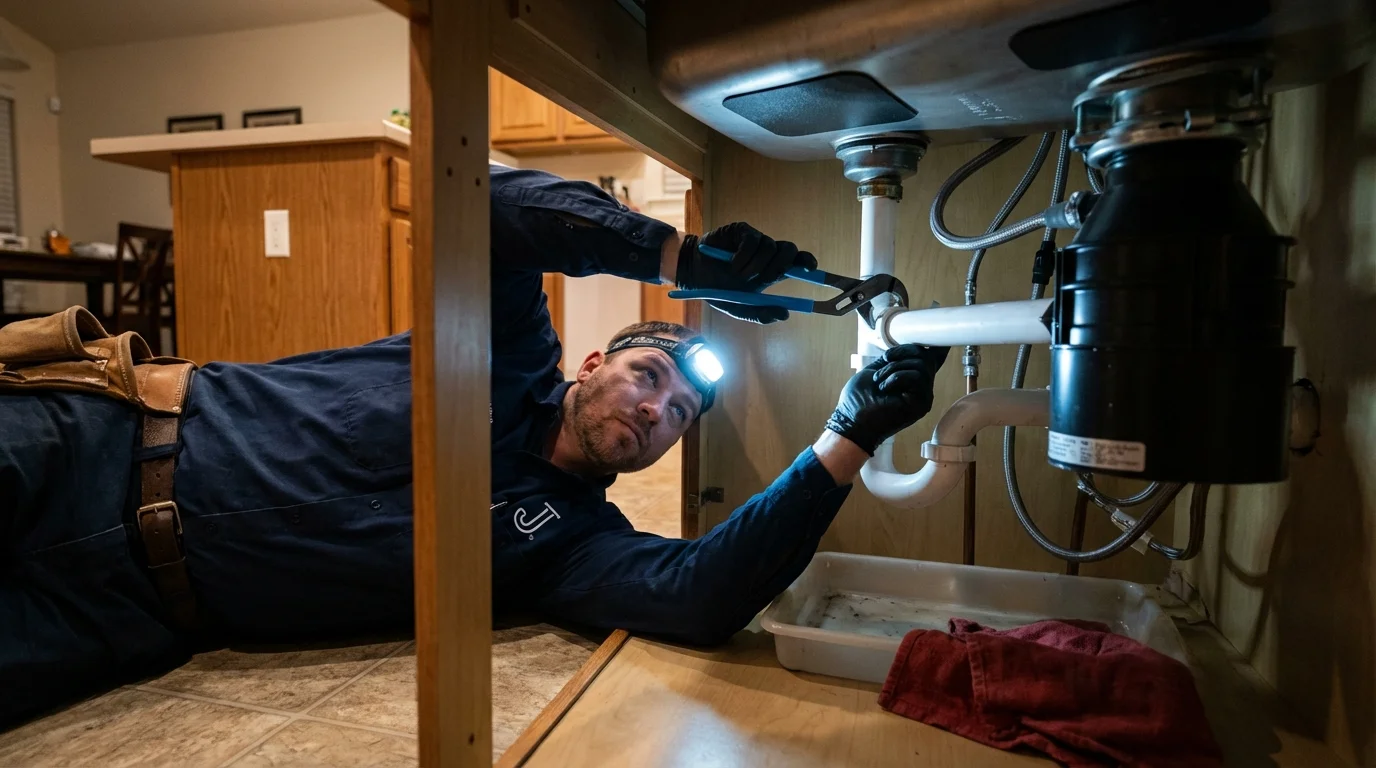 P-trap and supply line connections under a kitchen sink showing a common leak point in Tivoli, NY